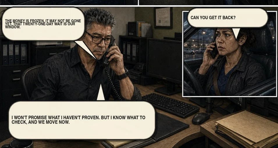Comic panel: Carlos Samaniego taking the call