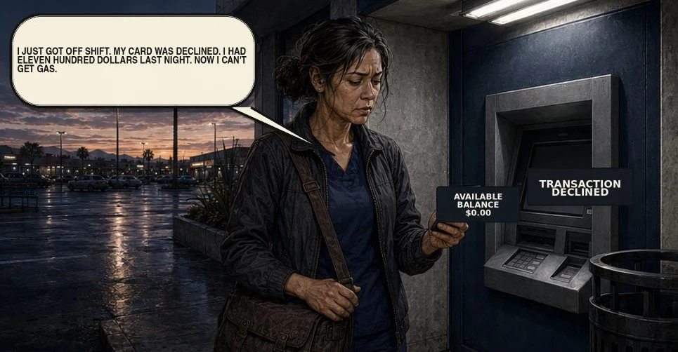 Comic panel: an ATM screen showing a declined withdrawal