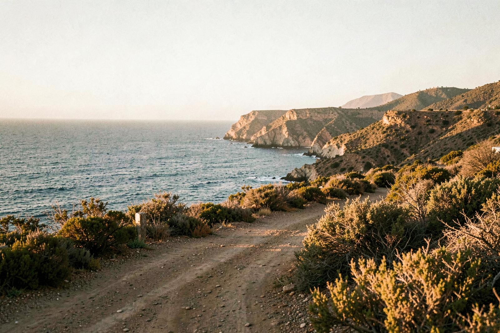 A dirt road along the Baja California coastline at golden hour