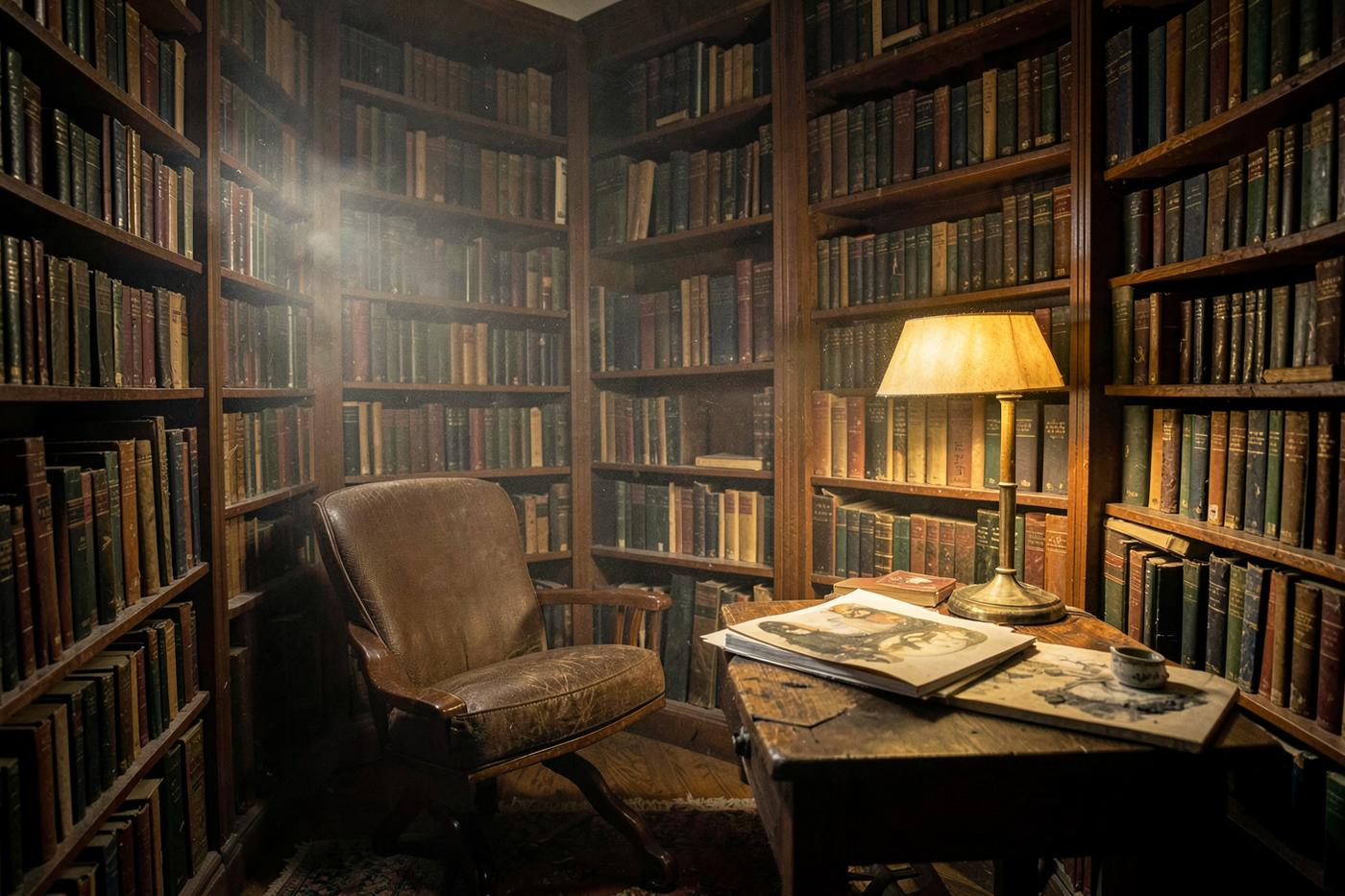 A dim home library with shelves of worn books, a leather chair and a lamp
