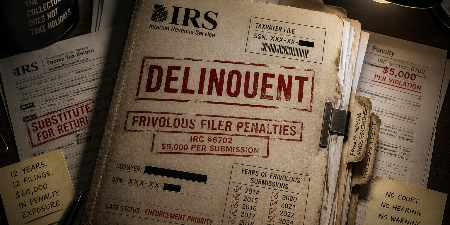 IRS delinquent taxpayer case file with frivolous filing penalties, substitute for return documents, and enforcement priority status under dim desk lighting