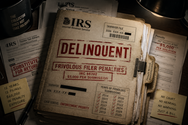 IRS delinquent taxpayer case file with frivolous filing penalties, substitute for return documents, and enforcement priority status under dim desk lighting